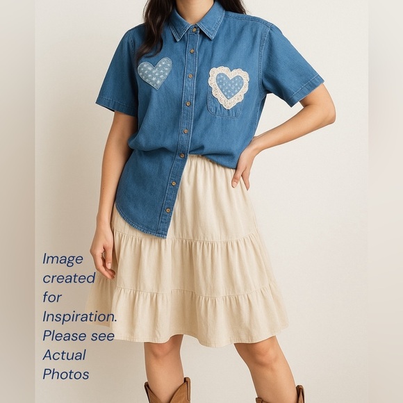 Vintage Heart Patch Cottagecore Denim Button Up Country Grandma Shirt - Picture 1 of 6